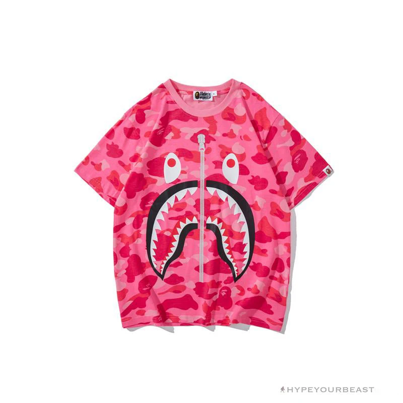 BAPE Pink Camouflage Shark Head Fake Zipper Tee Shirt 1 BAPE Pink Camouflage Shark Head Fake Zipper Tee Shirt